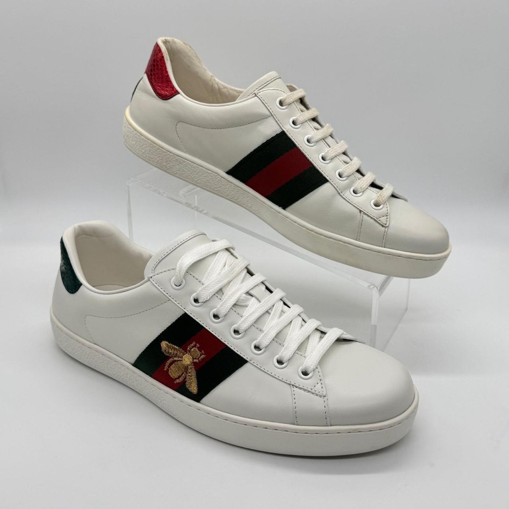 Authentic Gucci Ace Bee Embroidered Leather Sneakers White Men's IT 8 US 8.5 - Picture 1 of 16